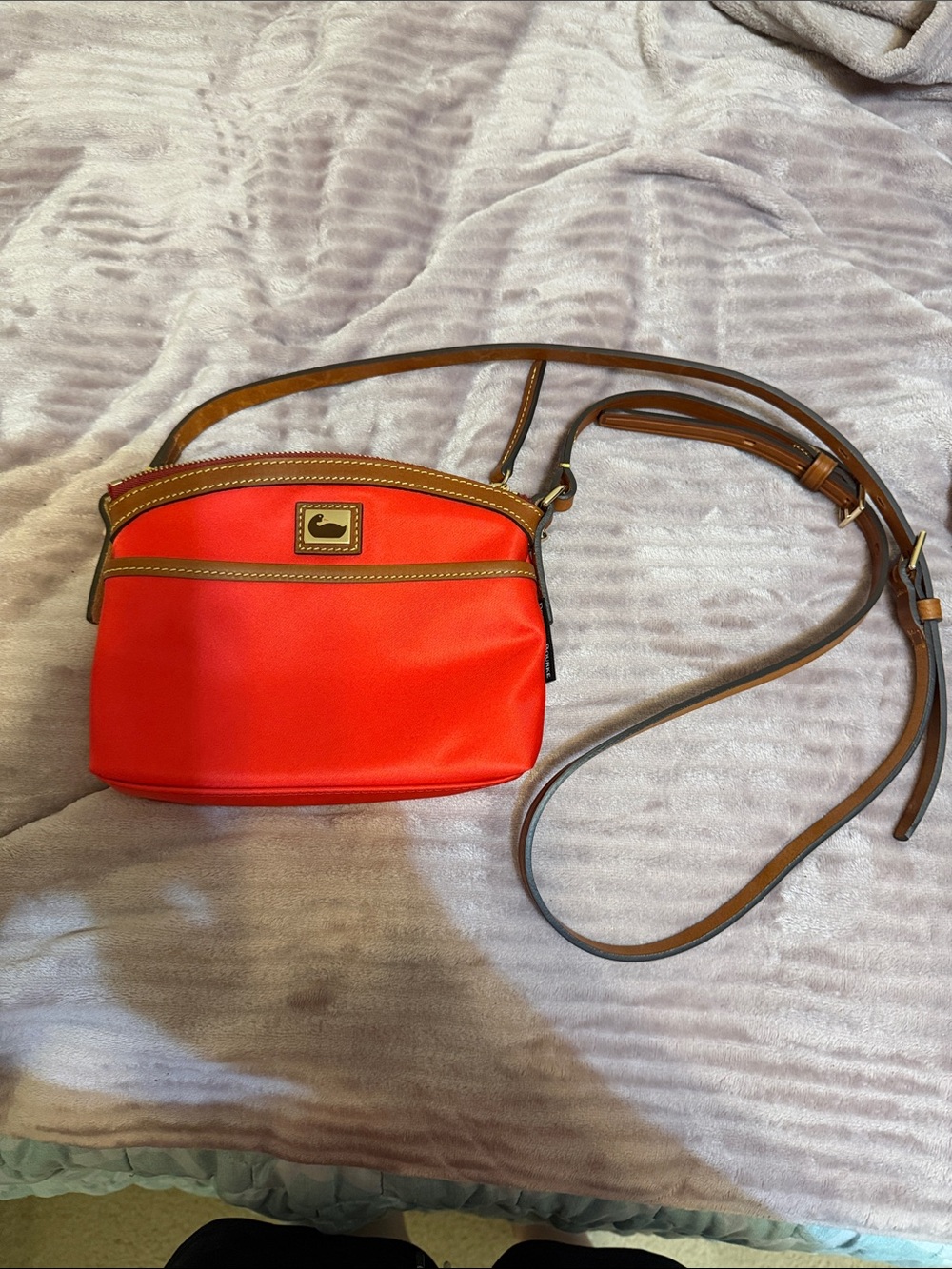 Dooney & Bourke Red Wayfarer domed small Crossbody with Tan Trim